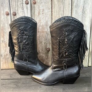 Vintage Zodiac Fringe Cowboy Boots with Whipstitch and Braided Leather Accents